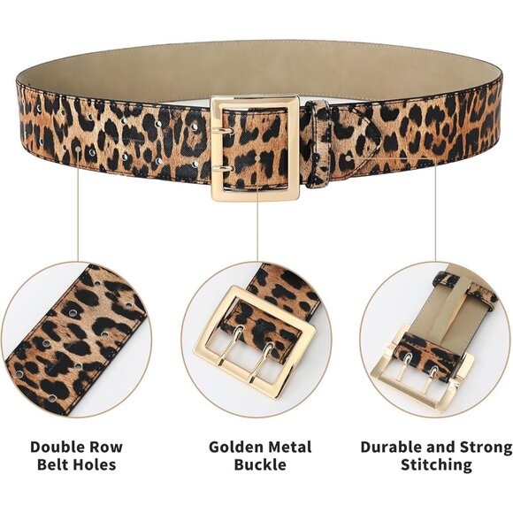 Women Leather Wide Fashion Thick Dress Belt With Gold Buckle Belt Leopard Gold - Picture 4 of 7